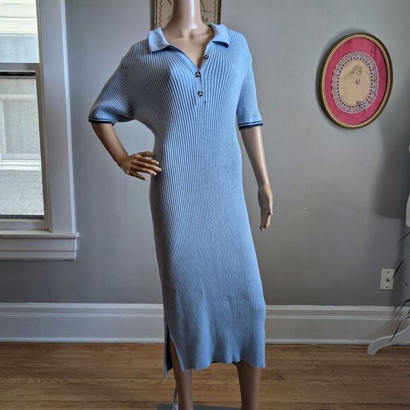 Anthropologie Saturday Sunday Sweater Dress Blue Knit Polo Preppy Size L - Picture 1 of 10